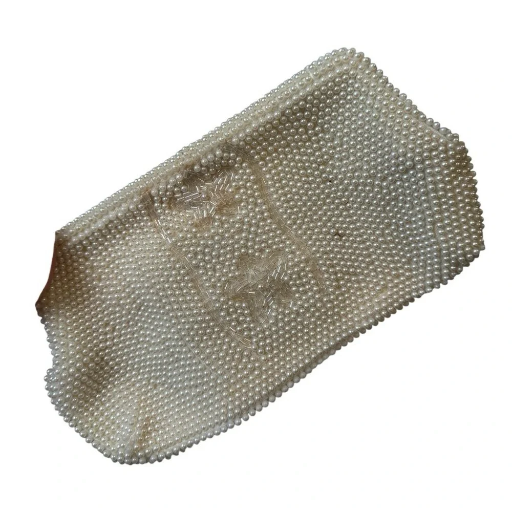 Vintage 1960 Bon Soir‎ Italian Pearl Cream Clutch Purse Beads Silk Wedding B72Q